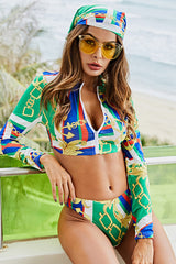 Retro Luxury Print Long Sleeve Swimsuit Rash Guard Set