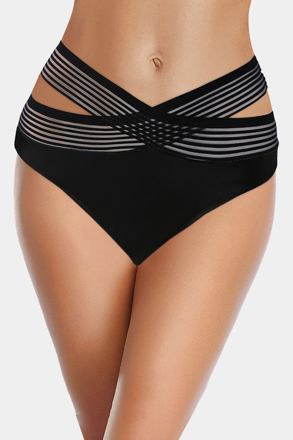 Black Crisscross Mesh Mesh High Bikini Swim Bottom Bikini