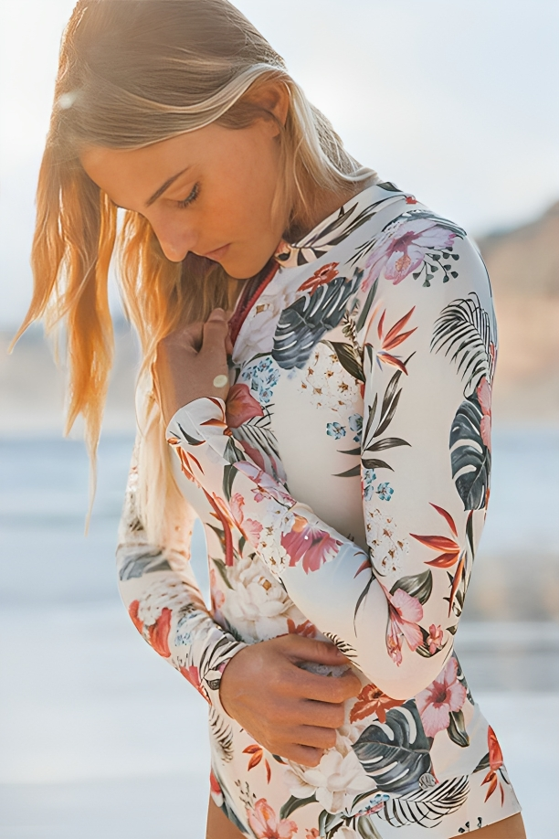 Women's Sweety Pink Floral Zip Long Sleeve UPF50+ Rash Guard