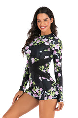 Purple Floral Boyleg Zip Long Sleeve UPF50+ Rash Guard-Attraco | Fashion Outdoor Clothing