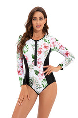 White Long Sleeve Floral Print Zip UPF50+ Rash Guard