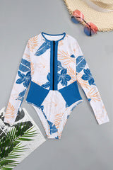 Blue Tropical Print Long Sleeve One Piece Surfing Swimsuit UPF50+ Rash Guard