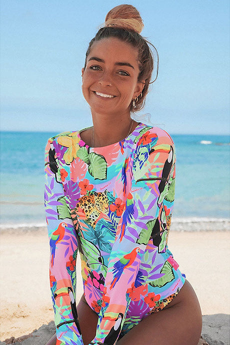 Tropical and Bird Print Backless UPF50+ Rash Guard