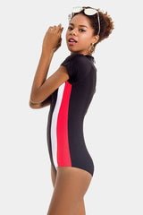 Colorblock Short Sleeve Zip One Piece Sport Swimsuit