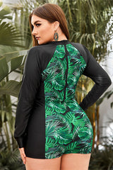 Plus Size Green Leaf Print Boyleg Long Sleeve UPF50+ Rash Guard