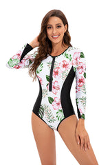 White Long Sleeve Floral Print Zip UPF50+ Rash Guard