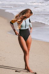 Colorblock Front Zip One Piece Long Sleeve UPF50+ Rash Guard