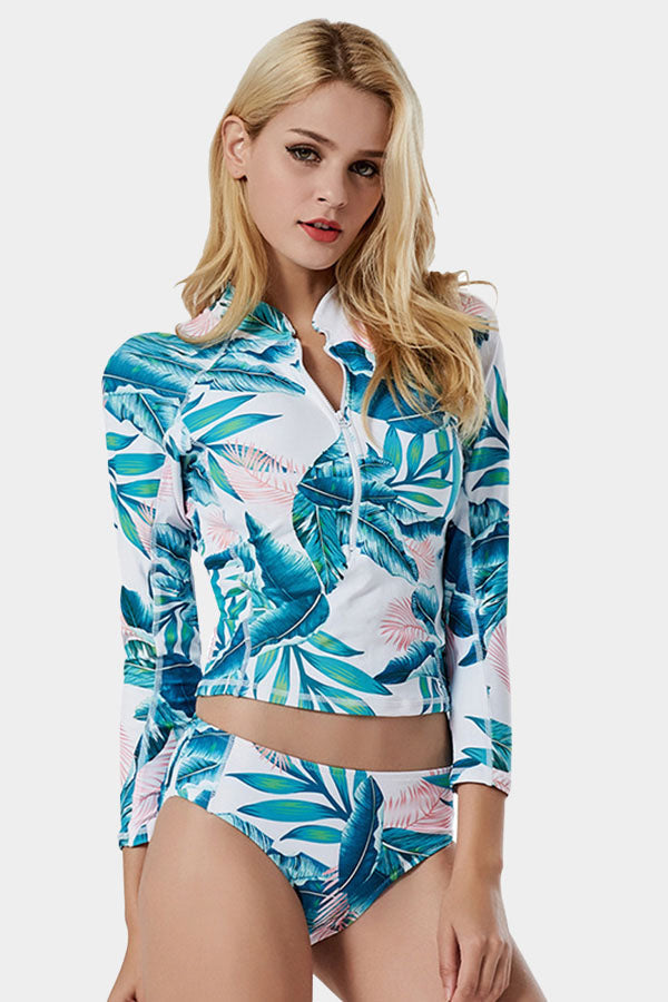 Tropical Print Split Zip Long Sleeve UPF50+ Rash Guard-Attraco | Fashion Outdoor Clothing