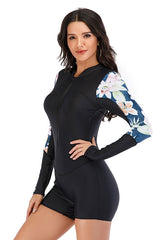 Black Floral Panel Boyleg Zip Long Sleeve UPF50+ Rash Guard-Attraco | Fashion Outdoor Clothing