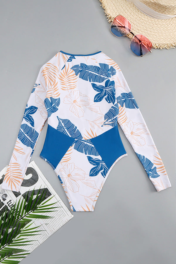 Blue Tropical Print Long Sleeve One Piece Surfing Swimsuit UPF50+ Rash Guard