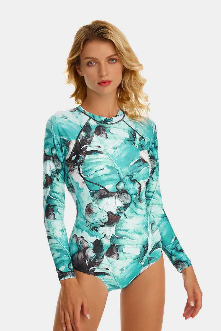 Palm Print Back Zip Long Sleeve UPF50+ Rash Guard-Attraco | Fashion Outdoor Clothing