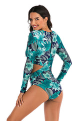 Allover Floral Cut Out Long Sleeve Zip UPF50+ Rash Guard-Attraco | Fashion Outdoor Clothing