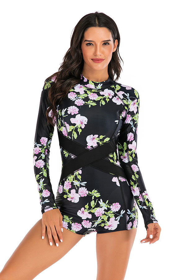 Purple Floral Boyleg Zip Long Sleeve UPF50+ Rash Guard-Attraco | Fashion Outdoor Clothing