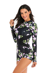 Purple Floral Boyleg Zip Long Sleeve UPF50+ Rash Guard-Attraco | Fashion Outdoor Clothing