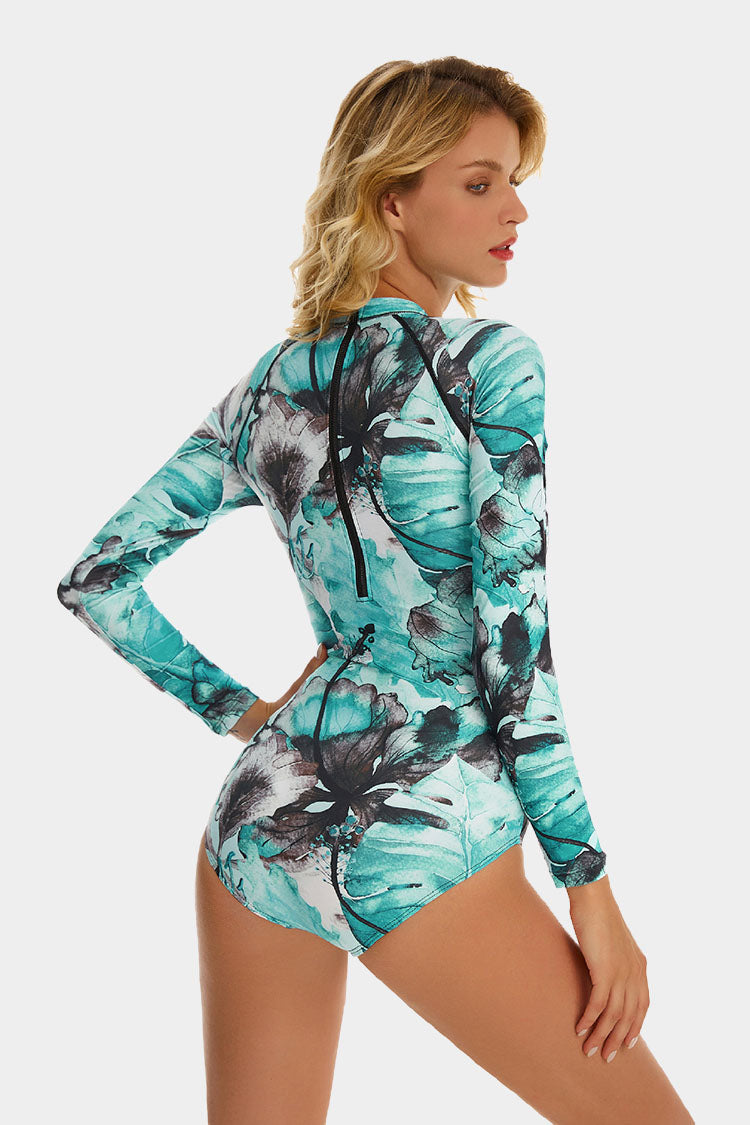 Palm Print Back Zip Long Sleeve UPF50+ Rash Guard-Attraco | Fashion Outdoor Clothing