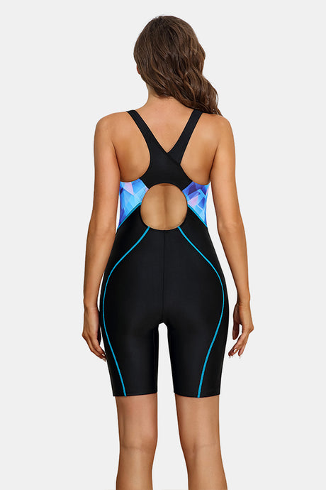 Women Boyleg Swimwear Racerback Athletic One Piece Blue Shadow Block Bathing Suits