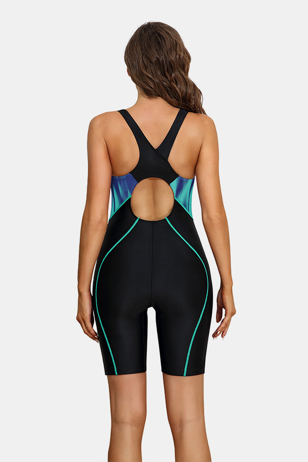 Women Boyleg Swimwear Racerback Athletic One Piece Polar Lights Blocks Bathing Suits