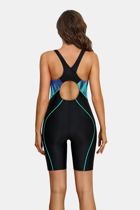 Women Boyleg Swimwear Racerback Athletic One Piece Polar Lights Blocks Bathing Suits