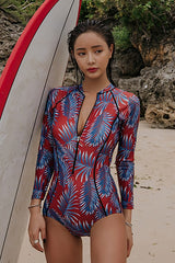 One Piece Blue Leaf Print Zip-Up Long-Sleeve Swimsuit UPF50+ Rash Guard