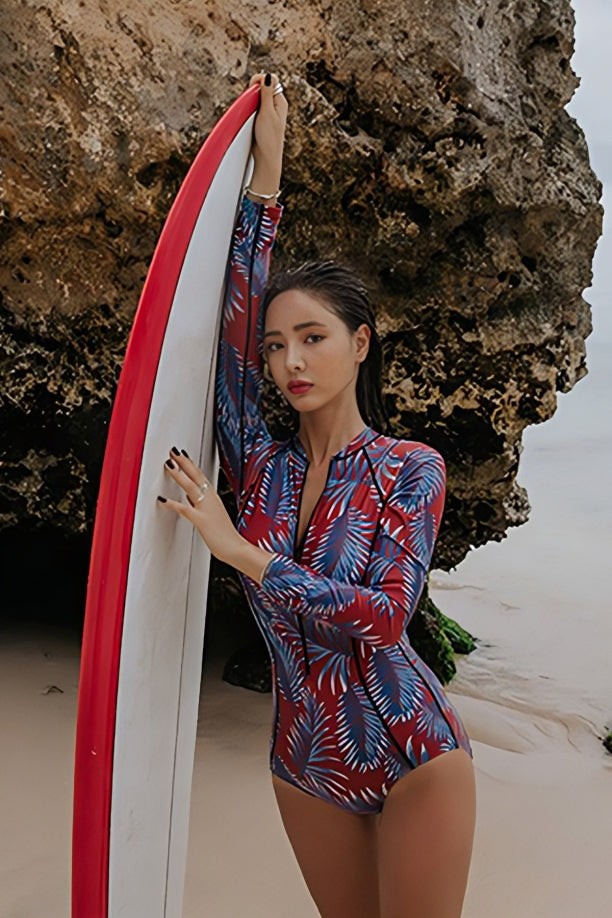 One Piece Blue Leaf Print Zip-Up Long-Sleeve Swimsuit UPF50+ Rash Guard