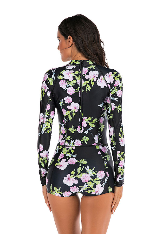 Purple Floral Boyleg Zip Long Sleeve UPF50+ Rash Guard-Attraco | Fashion Outdoor Clothing