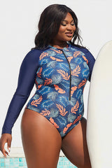 Plus-Maillot de bain une pièce à glissière imprimé feuilles bleues tropicales UPF50 Rash Guard