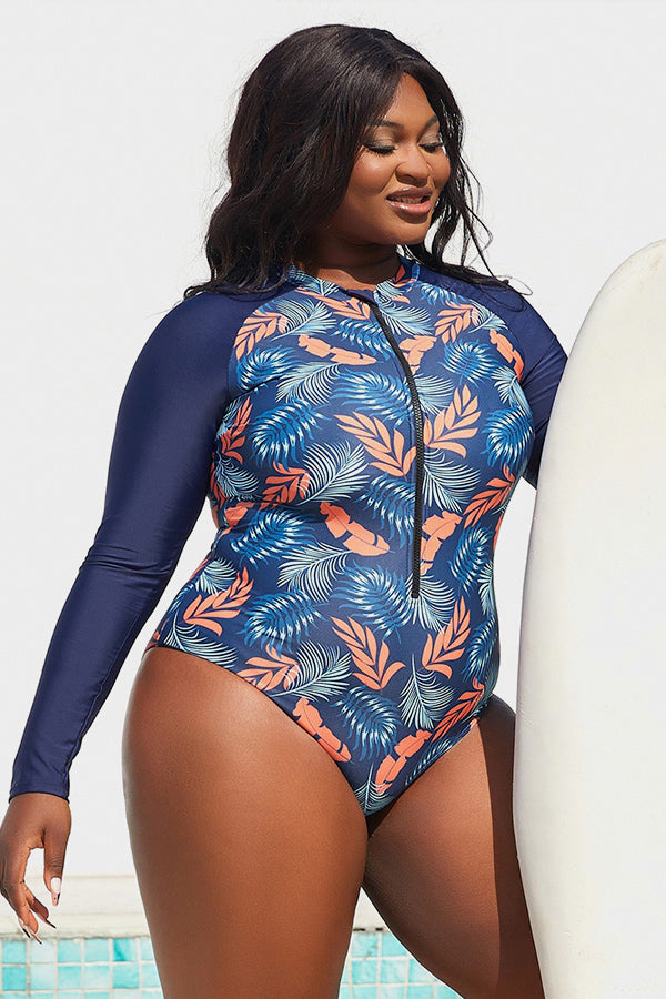 Plus Tropical Blue Leaves Print Zip-Up One-Piece Swimsuit UPF50+ Rash Guard