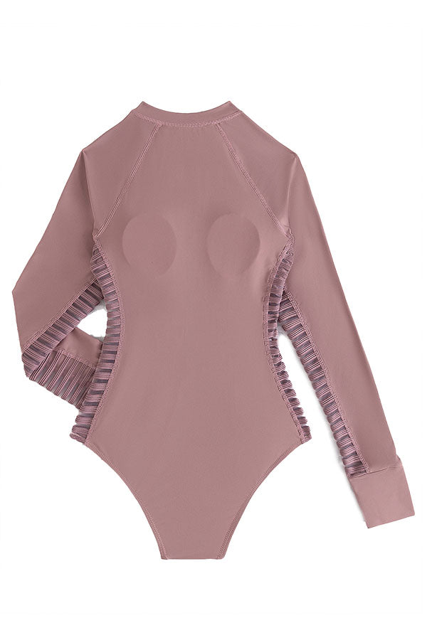 Solid Ladder Cut Out Zip Long Sleeve UPF50+ Rash Guard