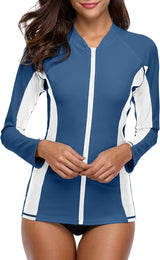 Blue and White Color-Block Long Sleeve Swim Shirt UPF50+ Rash Guard