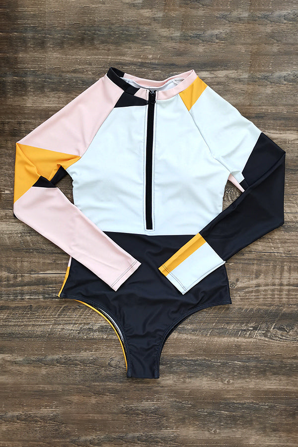 Colorblock Front Zip One Piece Long Sleeve UPF50+ Rash Guard