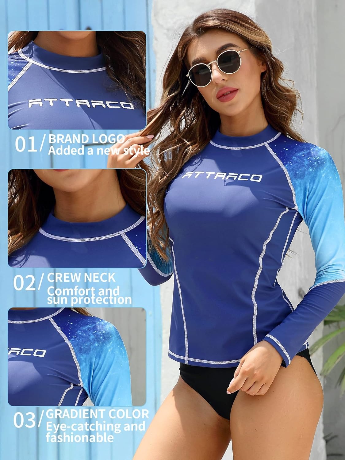 Attraco Rash Guard for Women Wasleve Long Eleeve Gradient Color Shirt Swim