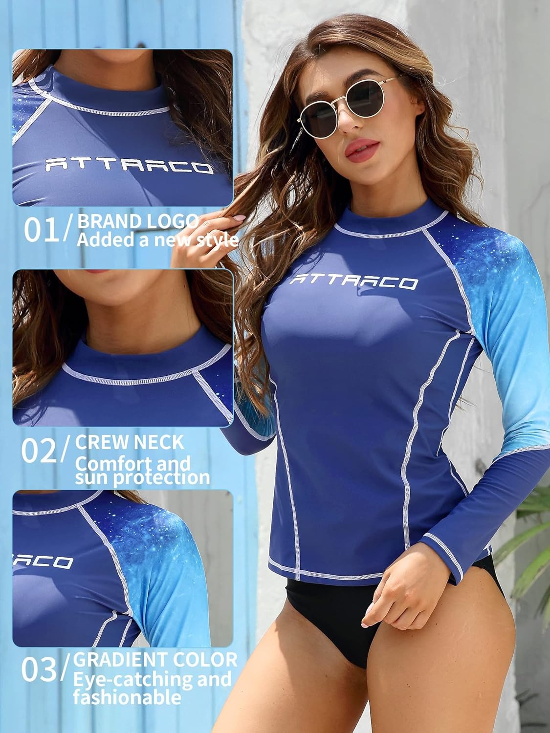 Women Long Sleeve Stylish Blue Gradient Color Swim Shirts Rash Guard