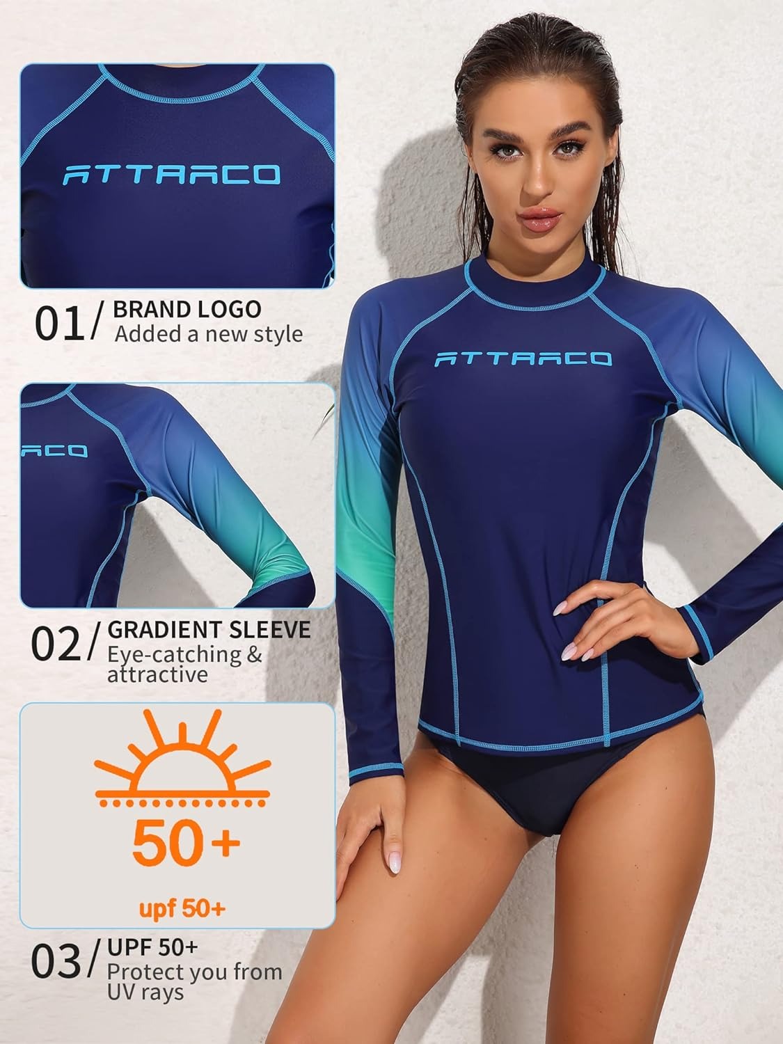 Attaco Rash Gard pour femmes Shirts de natation de couleur dégradé à manches longues à manches longues