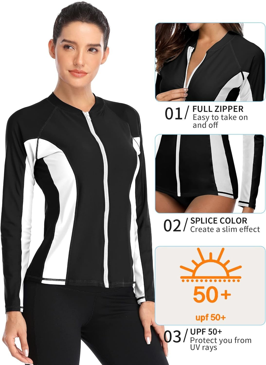 Black and White Color-Block Long Sleeve Swim Shirt UPF50+ Rash Guard