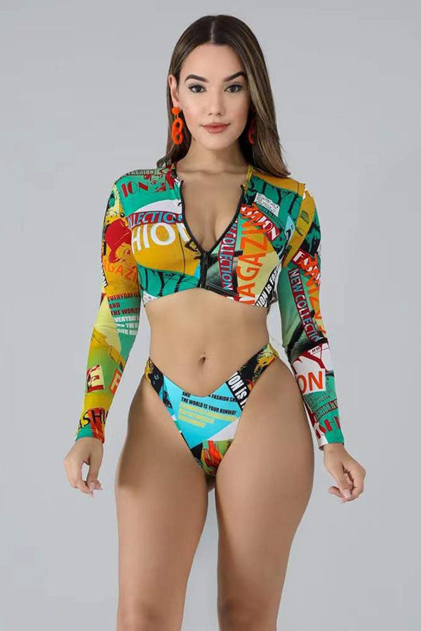 Irregular Printed Zipper Swimsuit Long Sleeved Top Split UPF50+ Rash Guard