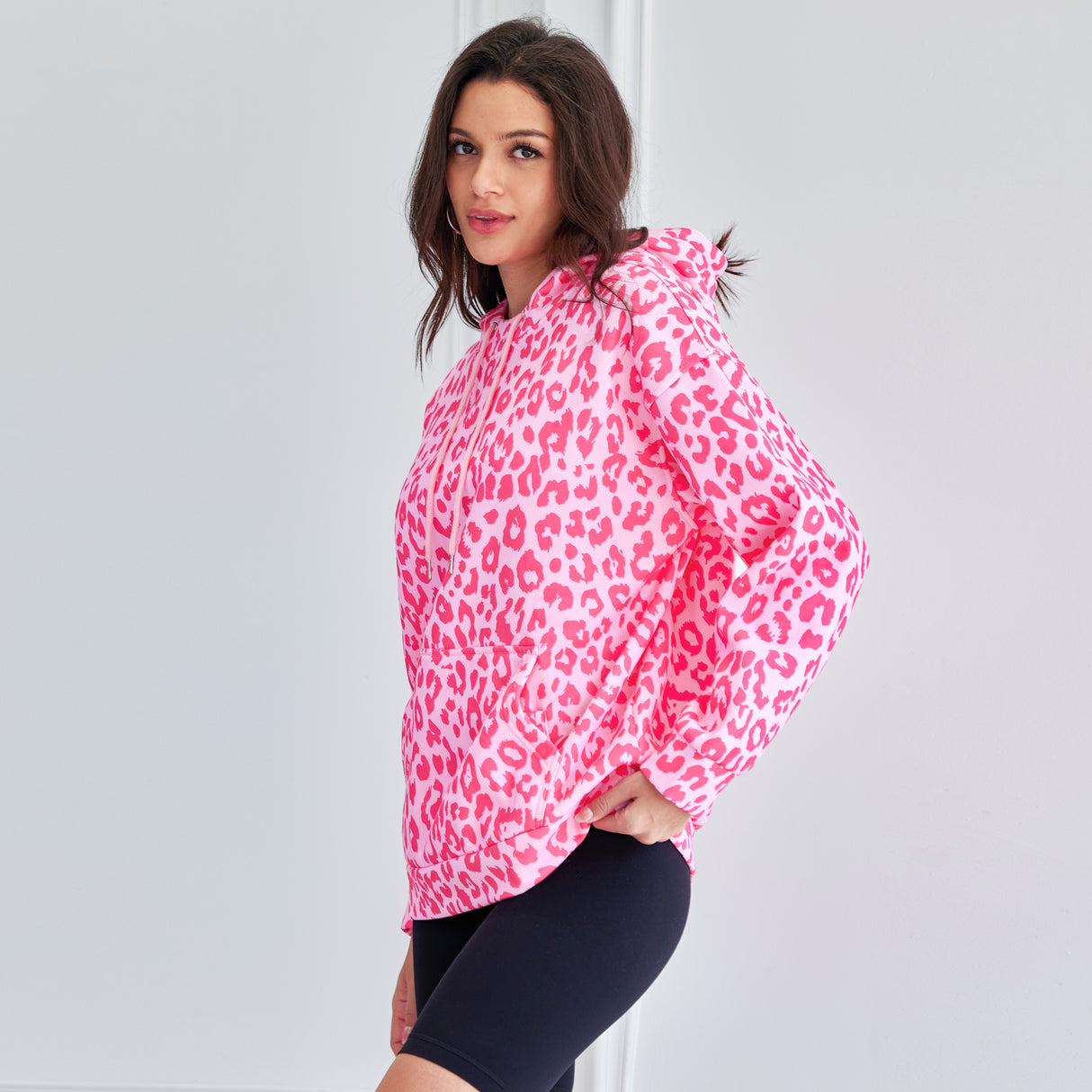 Leopard Print Hooded Oversized Comfort Sweatshirt with Pocket