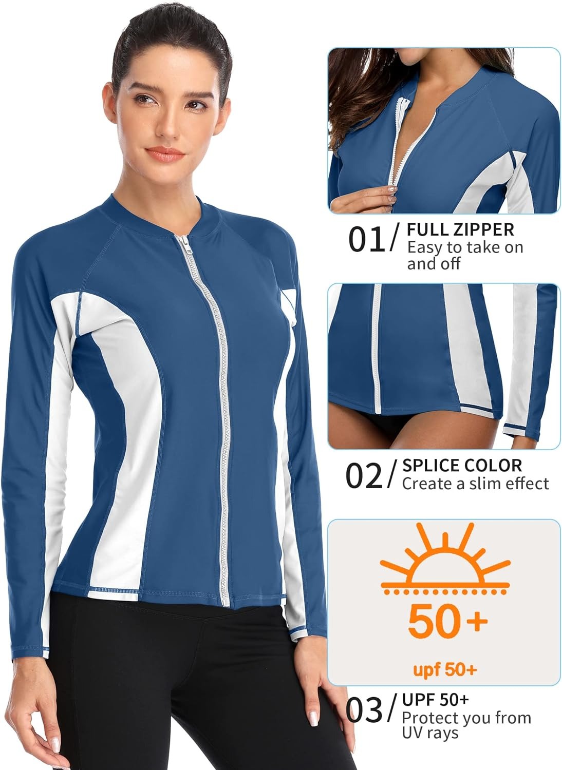 Blue and White Color-Block Long Sleeve Swim Shirt UPF50+ Rash Guard