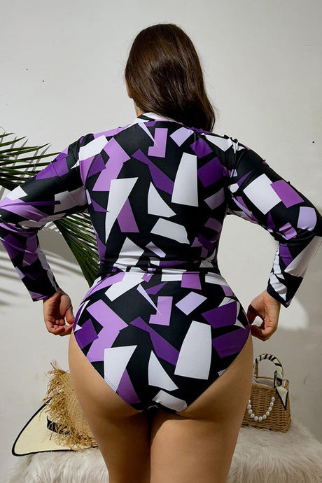 Plus Irregular Geometric Purple Print Long Sleeve Swimsuit UPF50+ Rash Guard