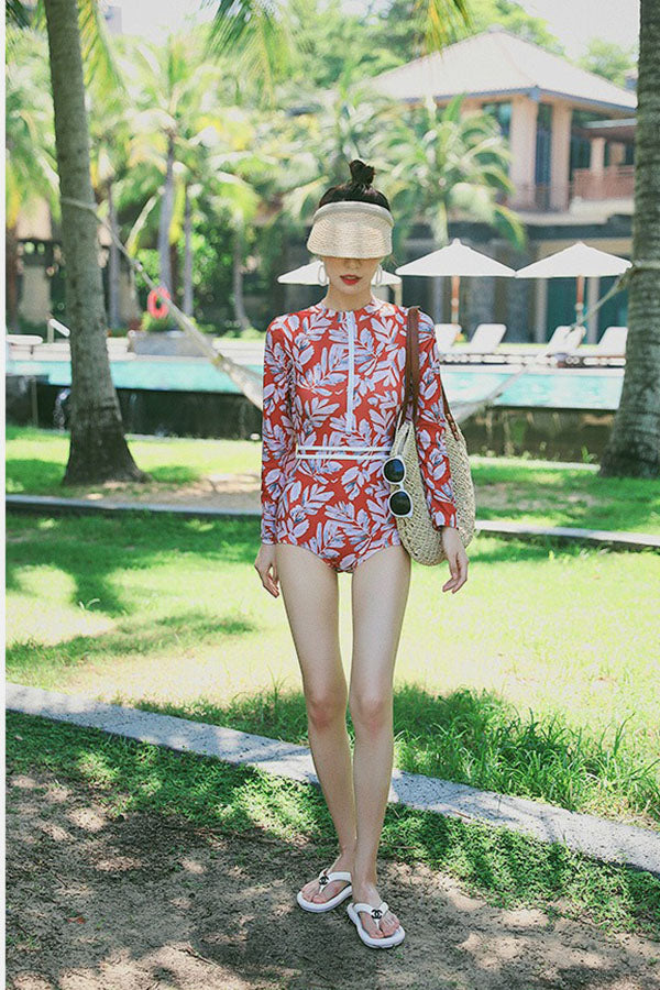 Sexy Backless One-Piece Red Bottom Leaf Print Long-Sleeved UPF50+ Rash Guard