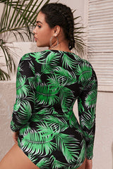 Plus Size Green Leaves Print Long Sleeve UPF50+ Rash Guard