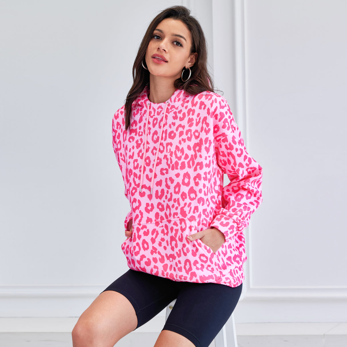 Leopard Print Hooded Oversized Comfort Sweatshirt with Pocket