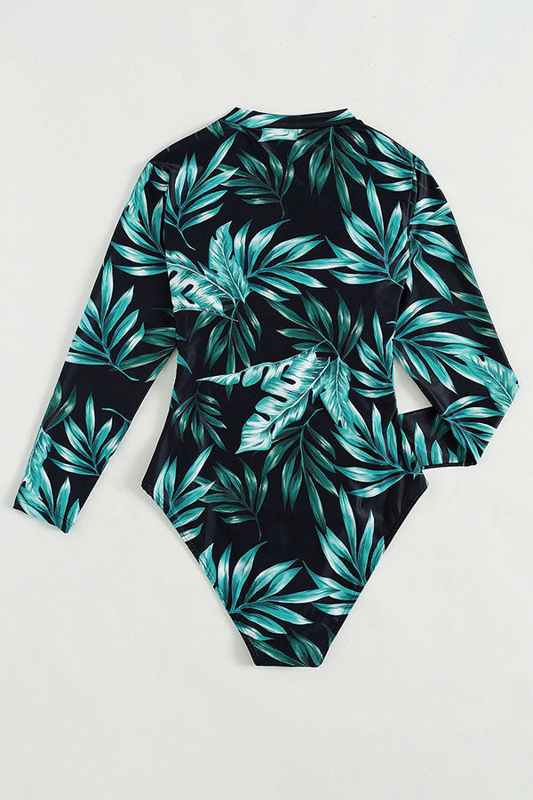 Plant Print Zipper Long Sleeve UPF50+ Rash Guard