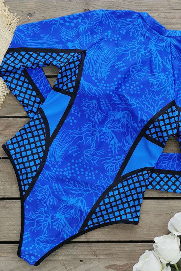 Women's Plus Size Nautical long Sleeve Blue Floral Print UPF50+ Rash Guard