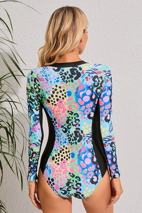 Bleu Imprimé Zipper Patchwork One Piece Maillot de bain à manches longues UPF50 Rash Guard