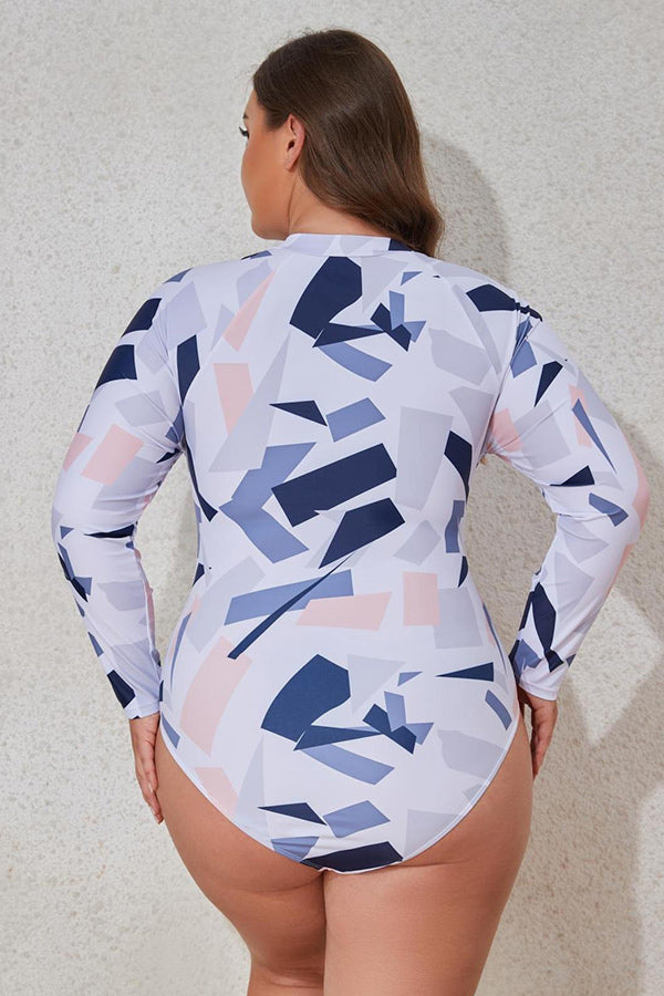 Plus Irregular Geometric White Print Long Sleeve Swimsuit UPF50+ Rash Guard