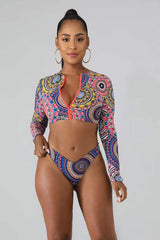 Geometry Pattern Print Bathing Suit Zipper Up Crop Swimsuit UPF50+ Rash Guard