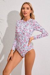 Paisley White Bottom Printed One Piece Swimsuit Long Sleeve UPF50+ Rash Guard