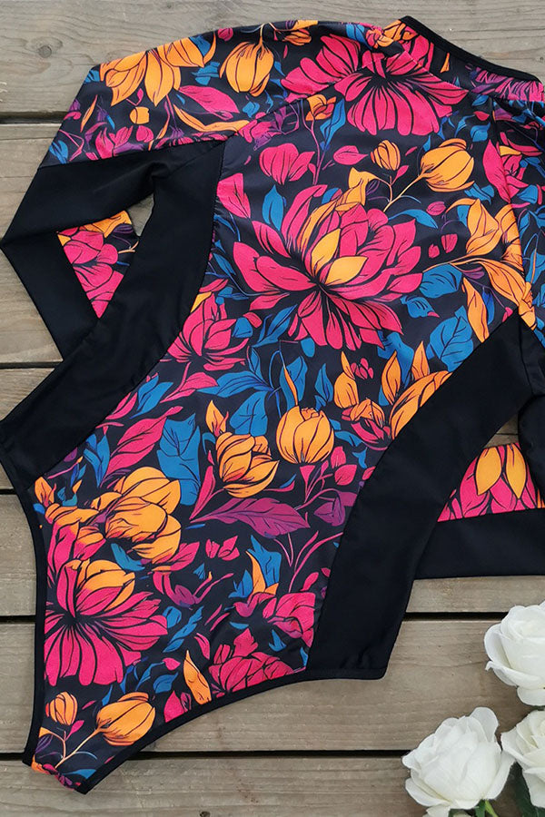 Mujeres más tamaño náutico manga larga traje de baño impresión floral upf50 Prendas térmicas
