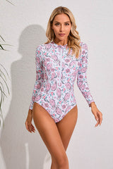 Paisley White Bottom Printed One Piece Swimsuit Long Sleeve UPF50+ Rash Guard