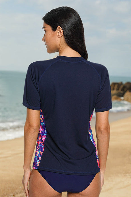 Women's Navy Floral Printed Short Sleeve UPF 50+ Rashguard Swim Shirt